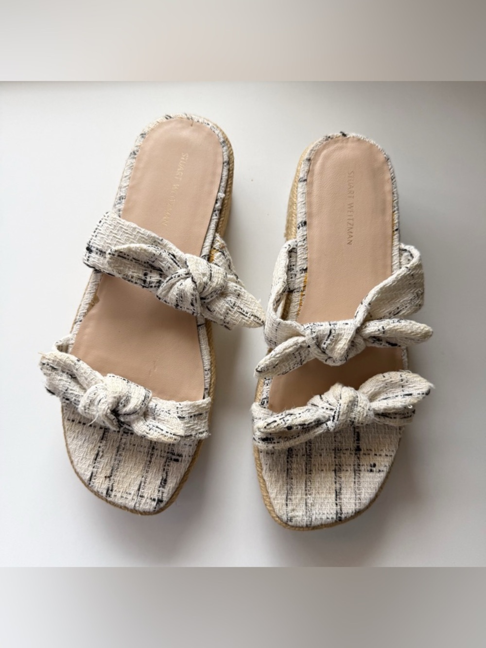 Stuart Weitzman Designer Tweed Bow Bandeau Espadrille Platform Sandals Size 8